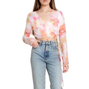 WAYF Jess Tie Dye Wrap Long Sleeve Crop Top in Ivory Pink Orange Size XS